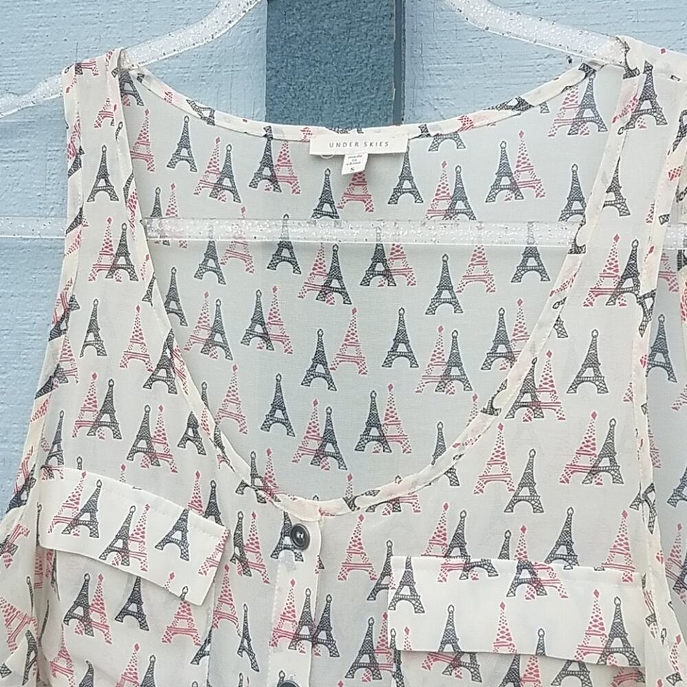 Eiffel Tower Print Sheer Tank W/ Pockets & Buttons - image 7